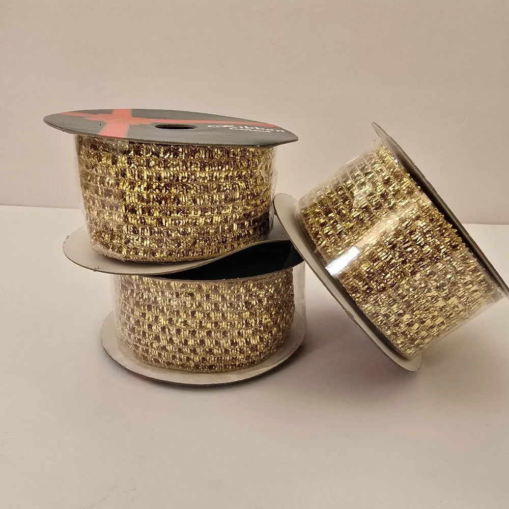 Vintage Gold Glitter Ribbon Spools Christmas Decor Set Of 3